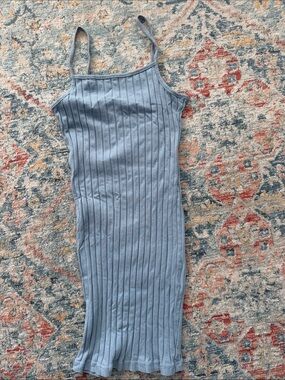 Light Blue Ribbed Spaghetti Strap Midi Dress